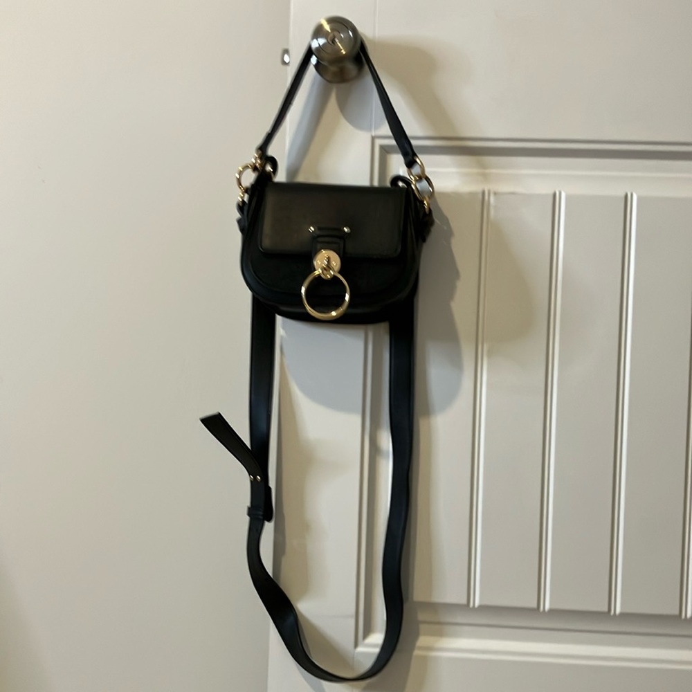 Black Saddle Crossbody Bag with Gold Ring Accent - Picture 3 of 7